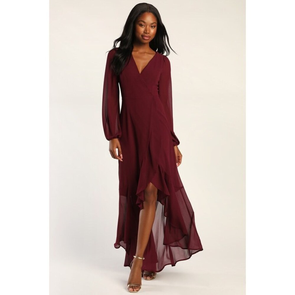 Lulus Perfectly Lovely Plum Long Sleeve Lace-up High-low Maxi Dress Purple